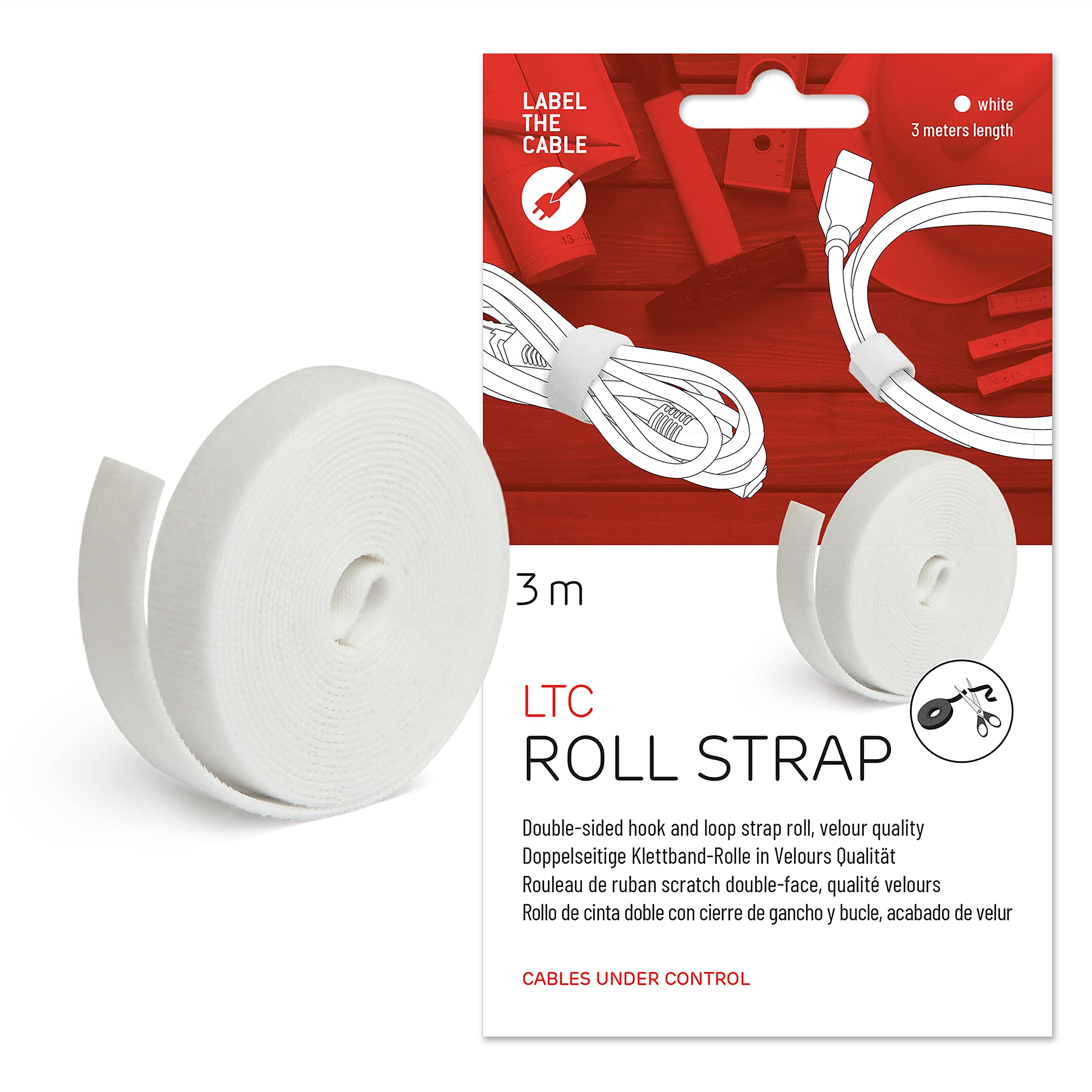 LABEL THE CABLE Roll of Double-Sided Hook and Loop Tape - Cable Ties Roll for Perfect Cable Management - Velour Quality - LTC ROLL Strap - 3 m x 16 mm - White - LTC 1220
