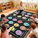 GRAMBET Classroom Rug Elementary 5x7 ft, Calming Corner Rug for Classroom | Non-Slip Washable, Educational Sensory Emotion Feelings Carpet, Smiley Face Kids Play Mat for Playroom, Black
