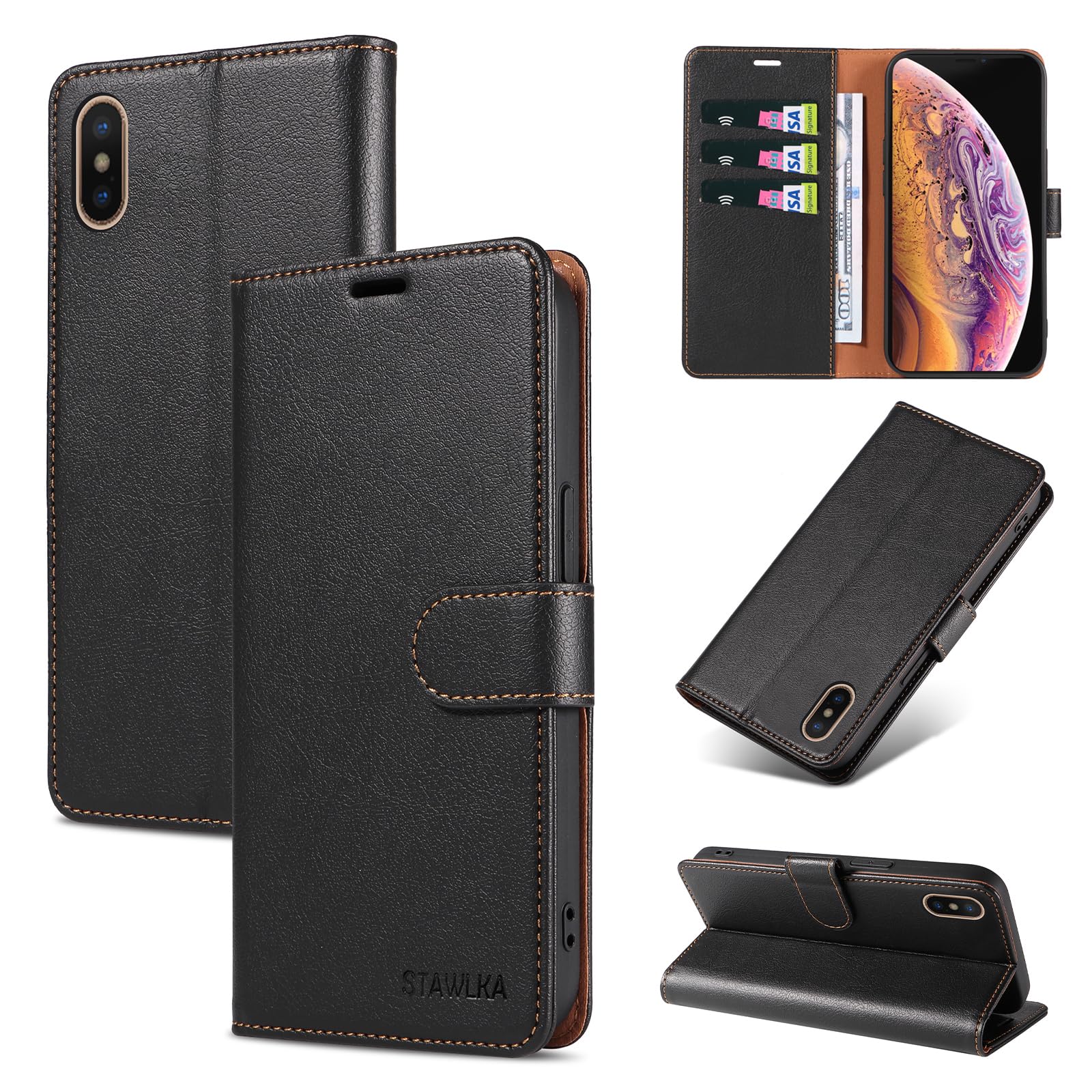 STAWLKA Case for iPhone X iPhone XS, Premium PU Leather Flip Magnetic Buckle Wallet Case Kickstand Blocking RFID Shockproof Protective Phone Cover for iPhone X/XS - Black — image 1
