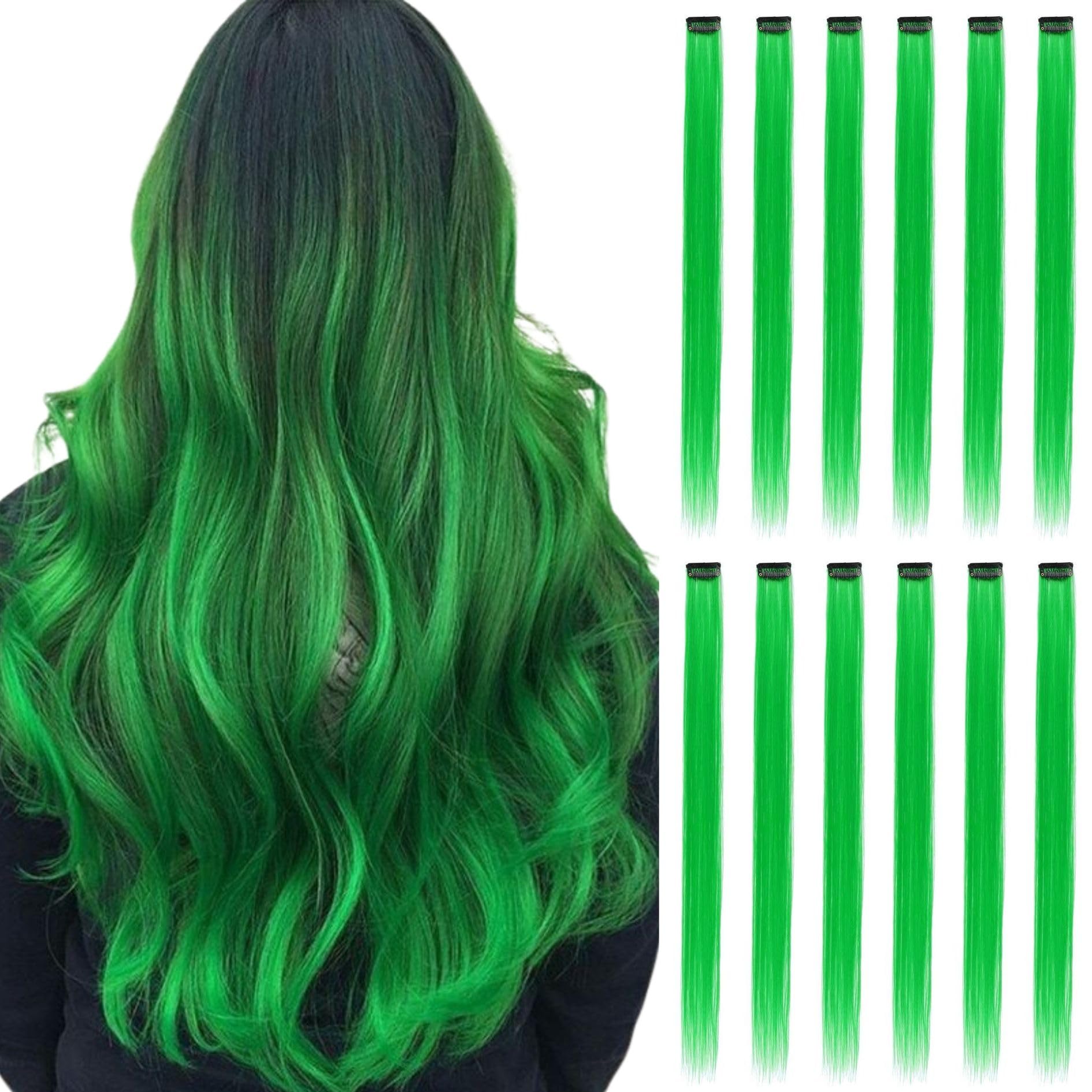 Photo 1 of BUMMSEVEN Colored Hair Extensions Clip in for Kids Girls Women, 22 inch Straight, 12 pieces Green