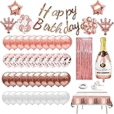 Rose Gold Birthday Balloons Party Decorations,Happy Birthday Banner,Fringe Curtain,Table Runner,Foil Balloons Confetti Balloons Set Rose Gold Balloon Arch Kit