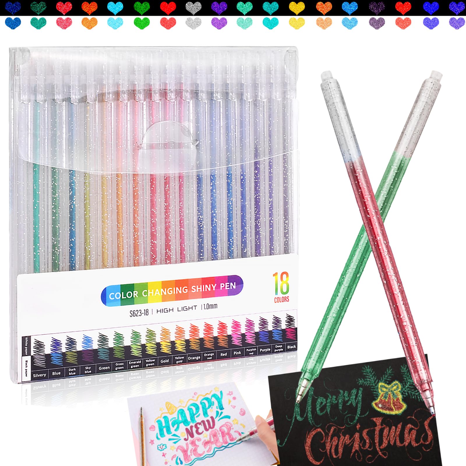 Marte Vanci Glitter Gel Pens, 18 Colour Gel Pens for Colouring, Metallic Sparkly Set 1.0mm Fine Tip for Adult Colouring Books Writing Black Paper Scrapbooks Drawing Crafting Christmas Cards Gift