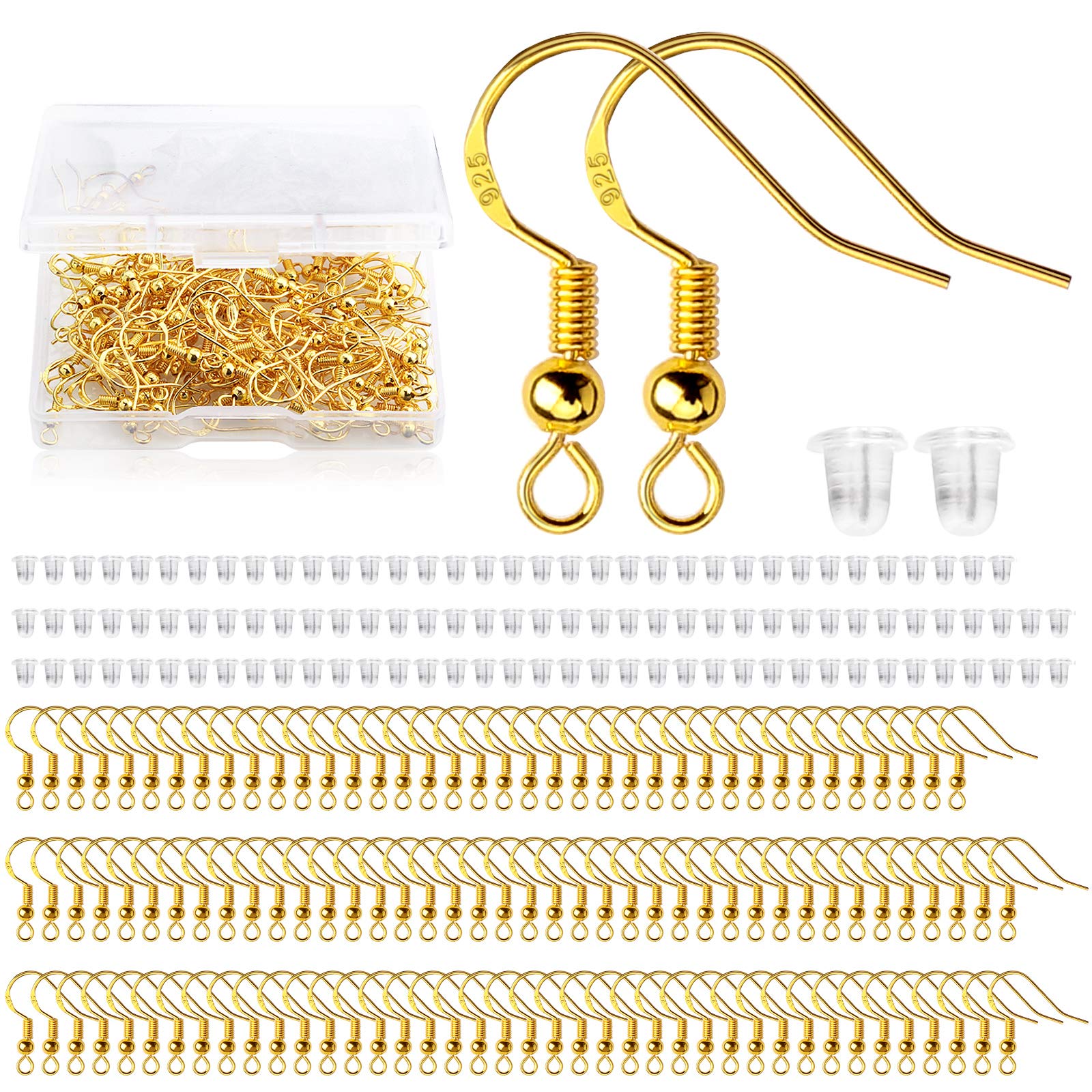 120Pcs Earring Hooks 925 Sliver Plated Gold Earring Hooks Ear Wire Hypoallergenic with 120Pcs Earring Backs Earring Making Supplies for DIY Earring Jewellery Making（Gold）