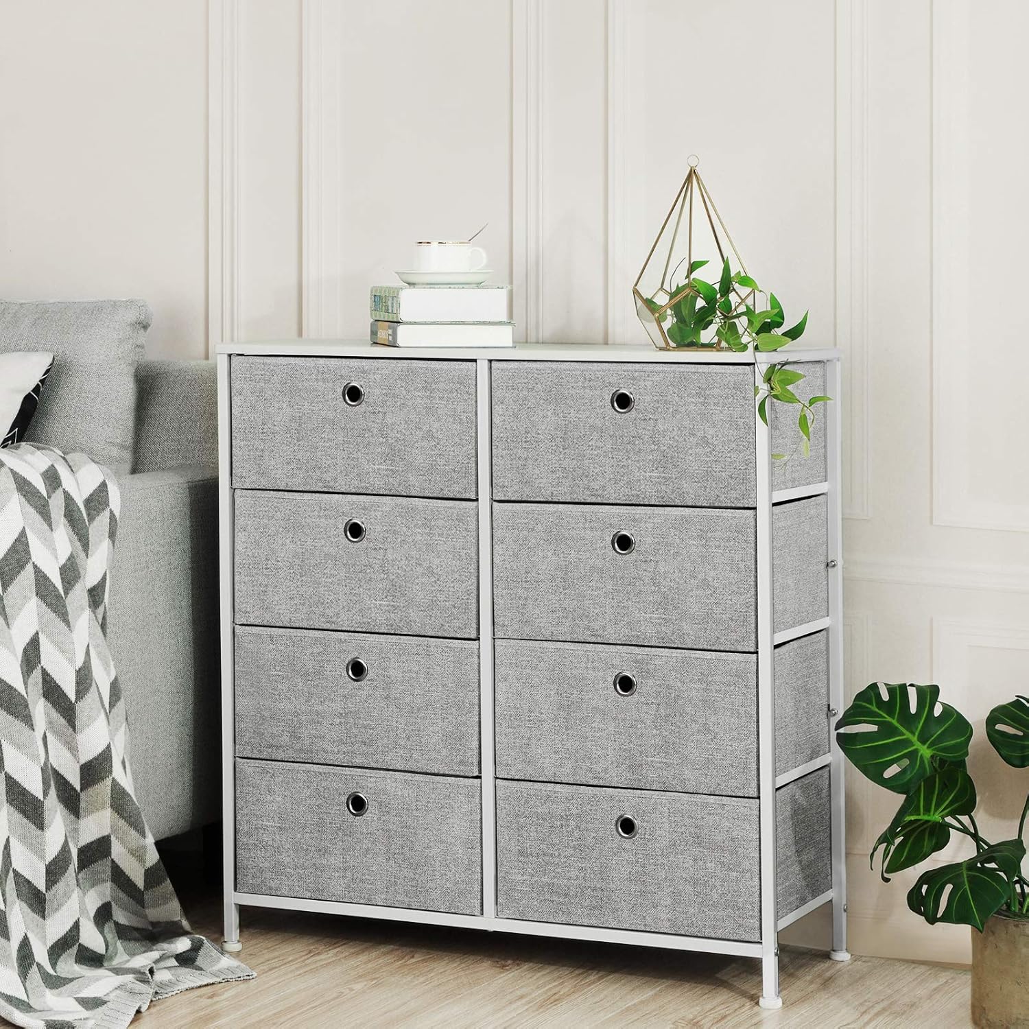 SONGMICS 4-Tier Storage Dresser with 8 Easy Pull Fabric Drawers and Wooden Tabletop for Closets, Nursery, Dorm Room, Light Gray and White ULTS24W -