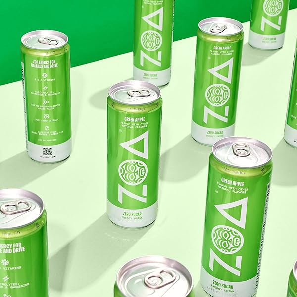 ZOA ZERO SUGAR ENERGY DRINKS, GREEN APPLE – SUGAR FREE WITH ELECTROLYTES, HEALTHY VITAMIN C, AMINO ACIDS, ESSENTIAL B-VITAMINS, AND CAFFEINE FROM GREEN TEA – 12 FL OZ (12-PACK)