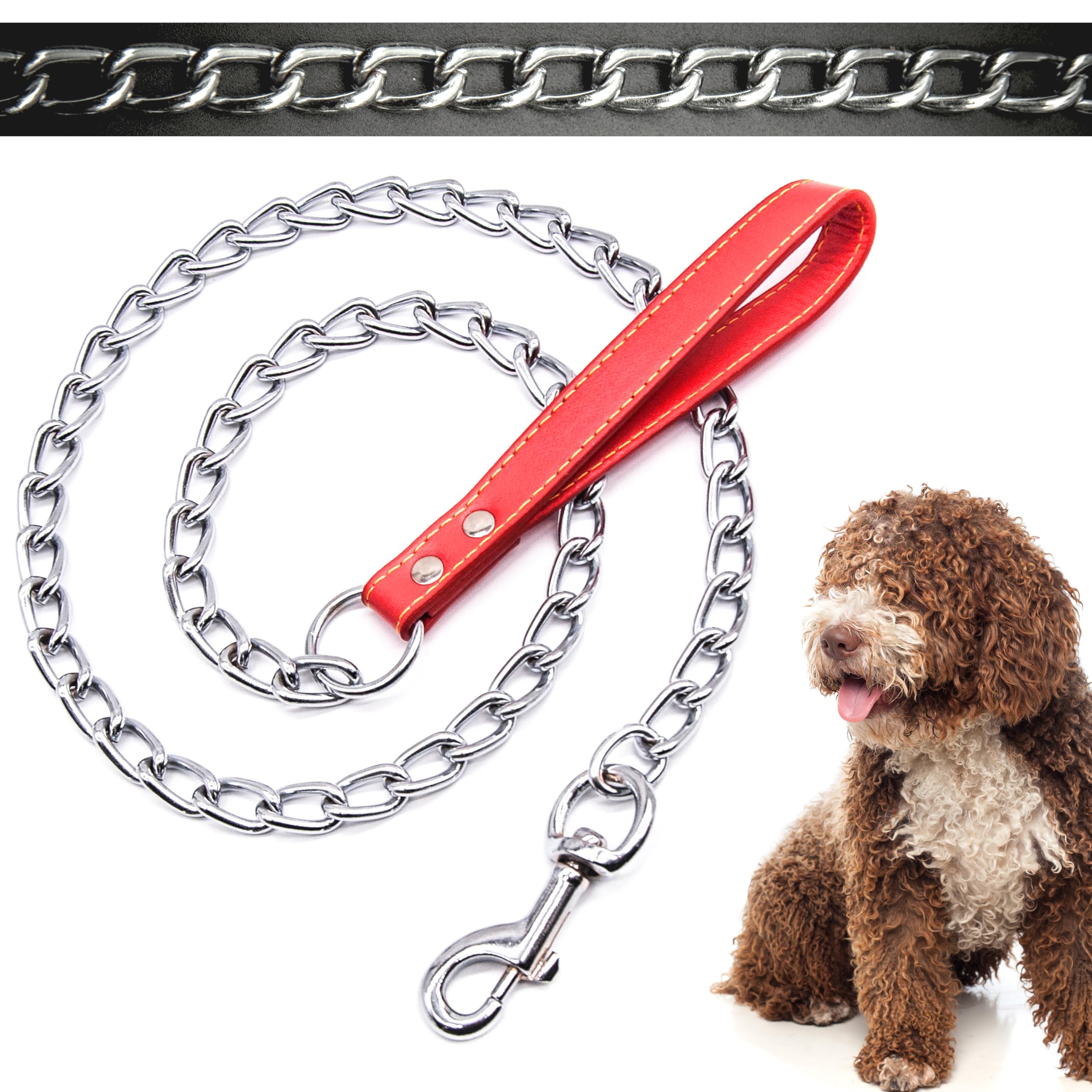 4ft (3mm) Premium DOG CHAIN with STRAP Chew Proof Dog Lead Hook Heavy Duty Outdoor Dog Camping Accessories Walking Dog Leashes Dog Chain Training Lead for Dogs (Red, 3mm (120cm))