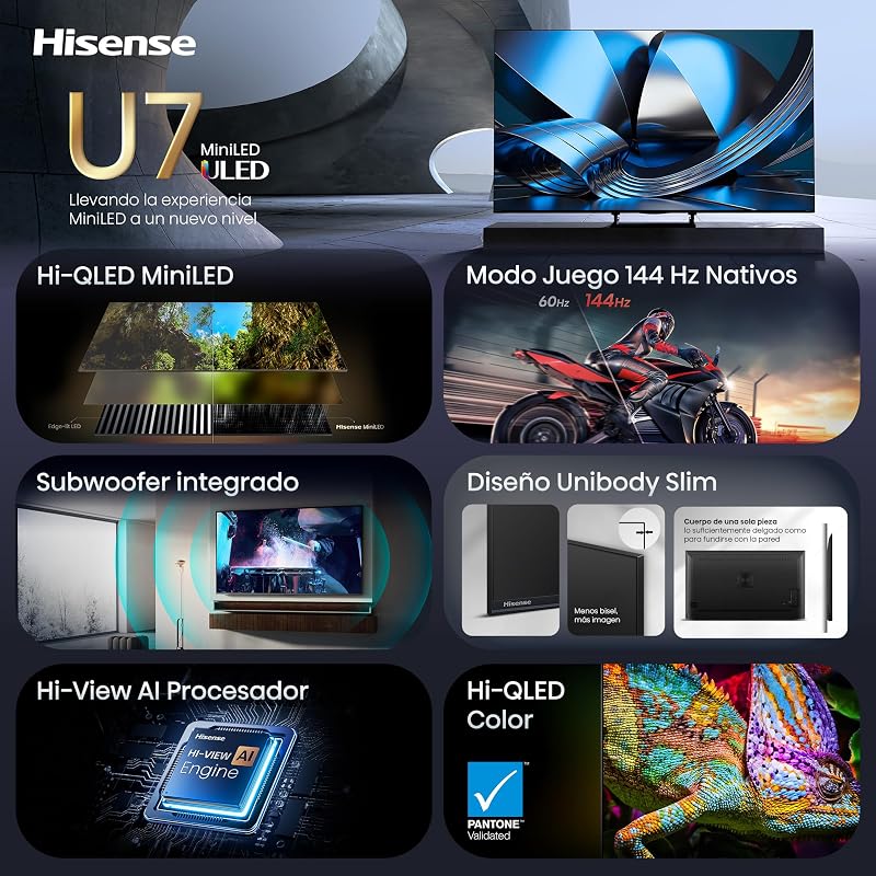 75U7SE - Smart TV MiniLED 75 polegadas, Hi-QLED MiniLED, Modo de Jogo nativo a 144 Hz, Subwoofer integrado, Motor de IA Hi-View, IMAX Melhorado, Modo Cineasta, Dolby Vision IQ, HDR 10+ Adaptativo