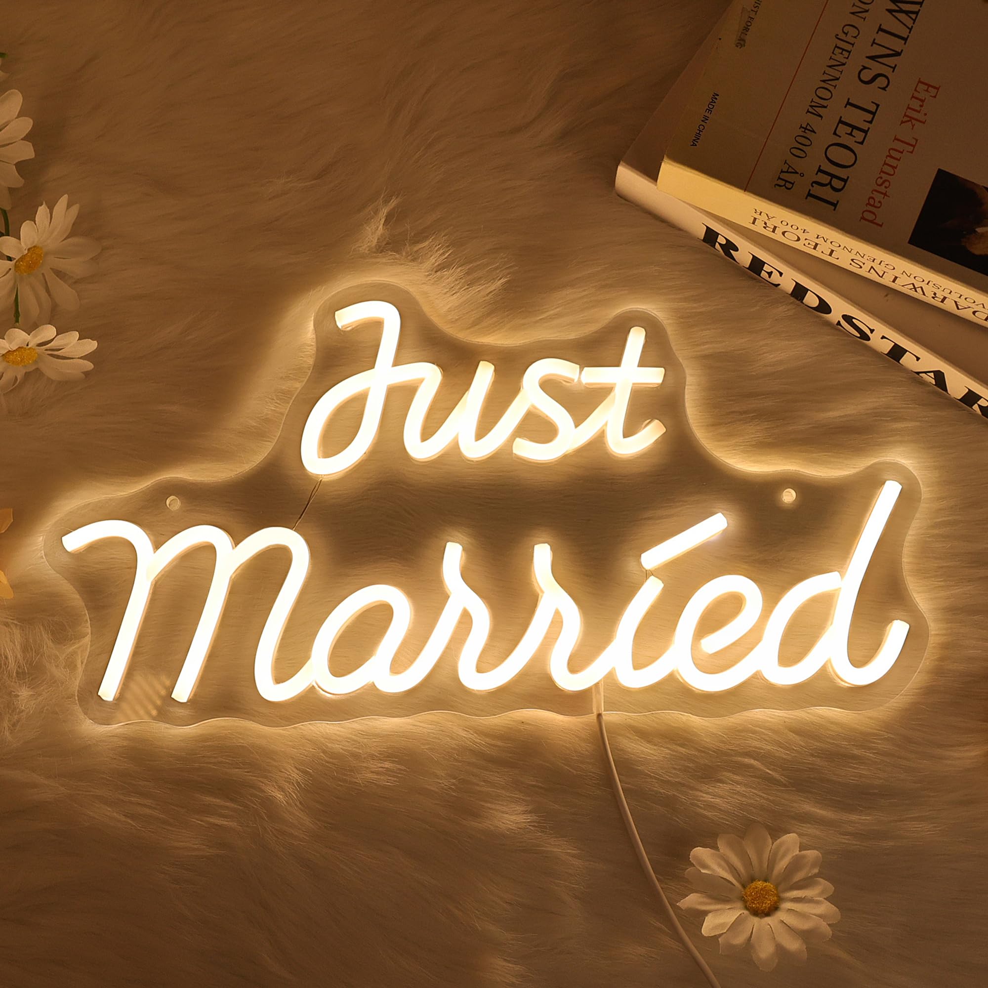 CoolGift Mart Just Married Neon Sign - Dimmable LED Love Light for Wedding, Proposal, Engagement - Artistic Wall Decor, USB Powered
