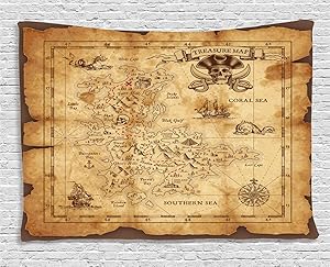 Ambesonne Island Map Tapestry, Super Detailed Treasure Map Grungy Rustic Pirates Gold Secret Sea History Theme, Wide Wall Hanging for Bedroom Living Room Dorm, 60" X 40", Brown Beige