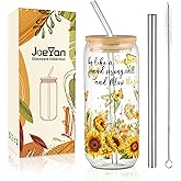 Joeyan Sunflower Tumbler with Lid and Straw,20 oz Can Shaped Drinking Glasses with Butterflies Patterns,Iced Coffee Cup,Glassware for Beer Cocktail,Aesthetic Sunflower Gifts for Women,Mom,Friend