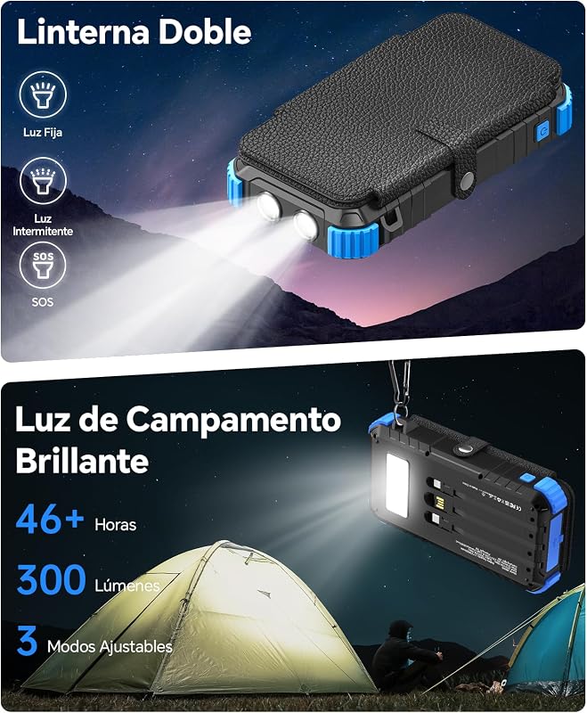 Power Bank Solar de 20000mAh con 4 Paneles Solares y 3 Cables — foto 6 de 8