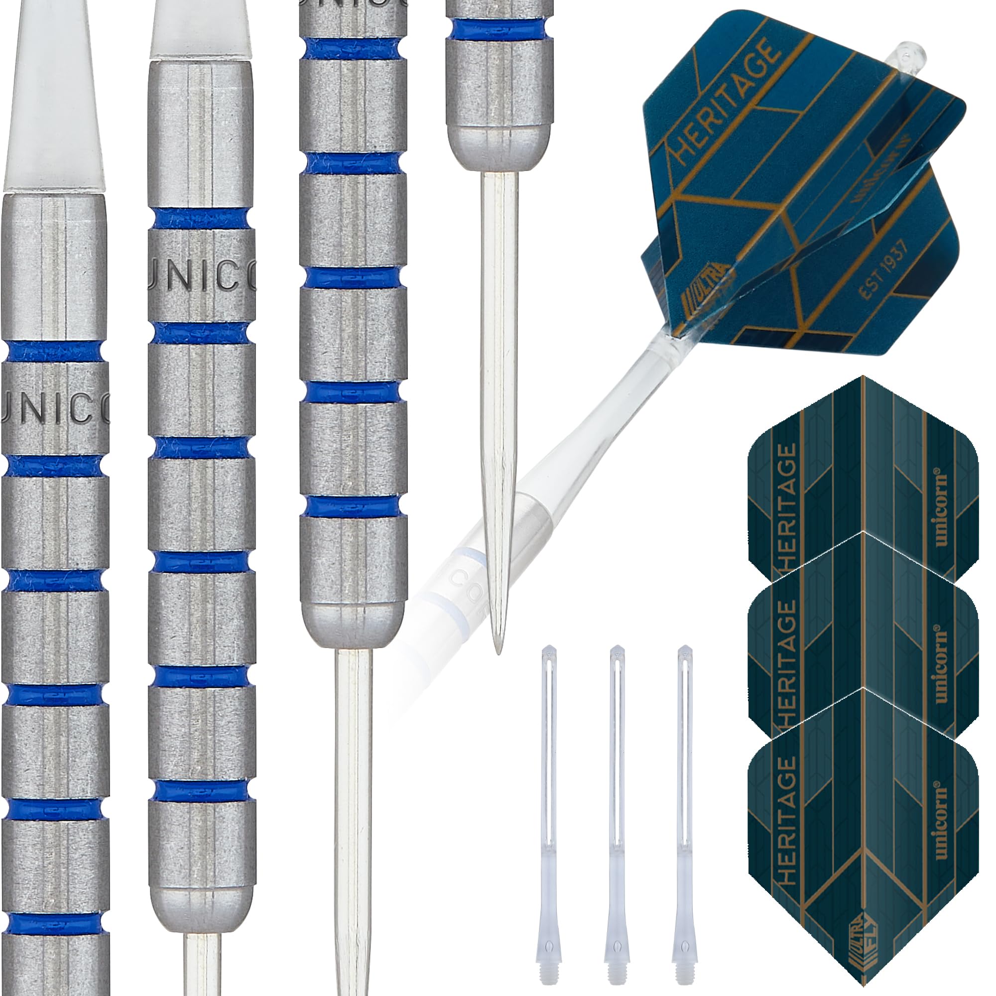 Unicorn Steel Tip Darts Set | Heritage Range Maestro 1985 | 80% Natural Tungsten Barrels with Blue Accents and Laser Etched U Logo Hallmark | 22 g