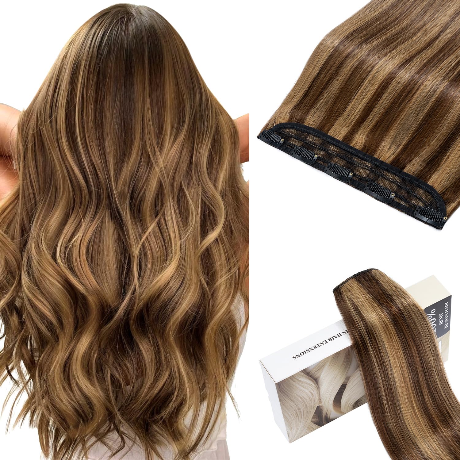 Photo 1 of TESSHAIR 5 Clip One Piece Clip in Hair Extensions Real Human Hair 18 Inch Human Hair Clip in Extensions 3/4 Full Head Hair Extensions Clip ins 90g, Medium Brown Mixed Dark Blonde #4P27