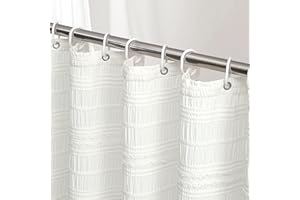 Siiluminisoy White Shower Curtain Fabric, White Textured Shower Curtain Farmhouse Cotton Blend Striped Shower Curtains for Bathroom Shabby Chic Rustic Decor 72" x 72"
