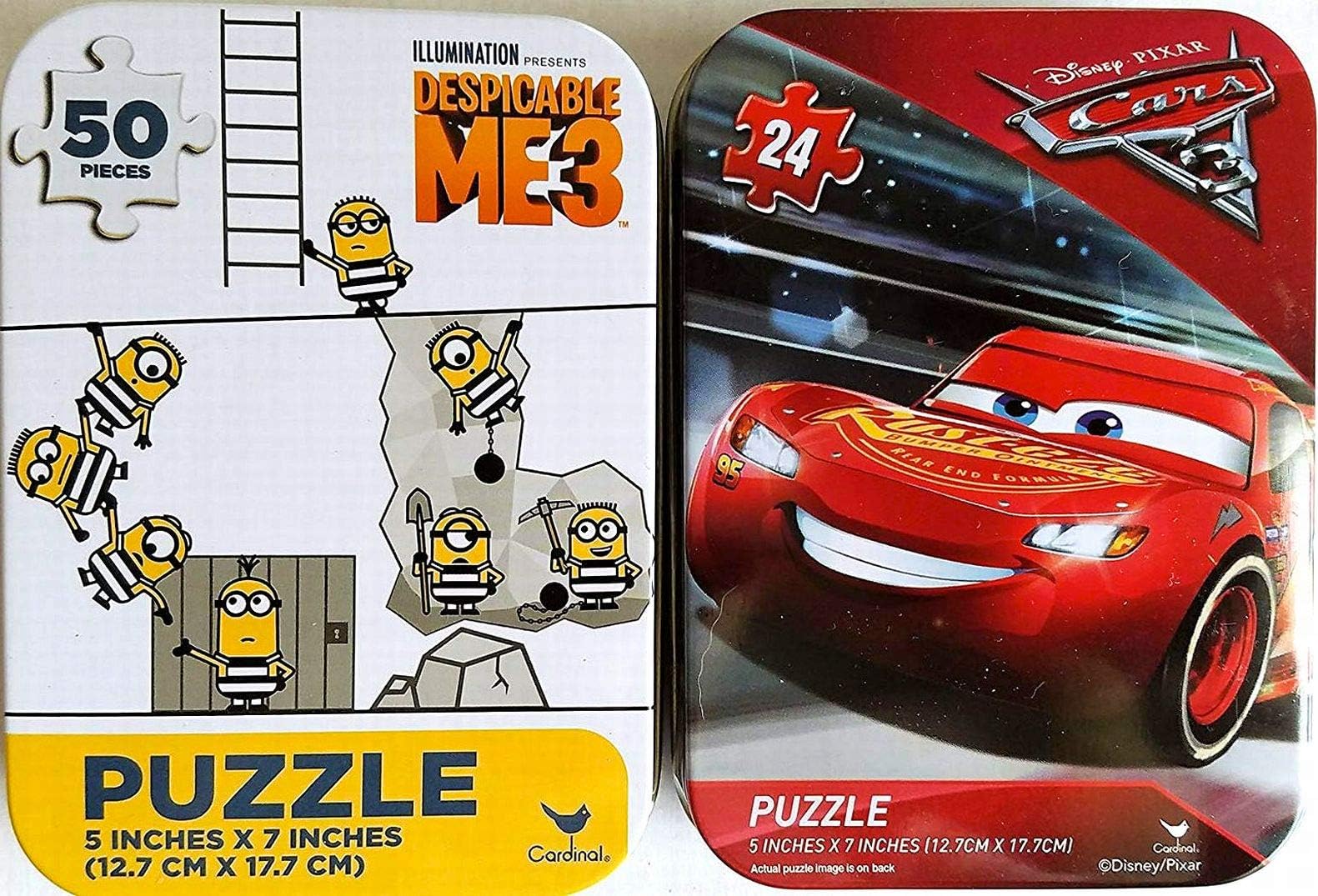 Bundle Set of 2 Boys/Girls Mini Jigsaw Puzzles Featuring: Disney Pixar CARS 3 (Lightning McQueen) and Despicable Me 3 (MINIONS) in Collectible Illustrated Travel Tins Cases (24/50 Pieces)
