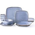 AmorArc Ceramic Dinnerware Sets for 4, 12 Pieces Square Handpainted Plates and Bowls Set, Chip and Scratch Resistant Stoneware Dishes Set, Dishwasher & Microwave Safe, Reactive Blue