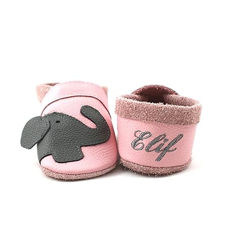 little foot company® 11242 Krabbelschuhe Babyschuhe Lauflernschuhe mit Namensstickerei Elefant weiches Leder rosa 20/21 ca. 1