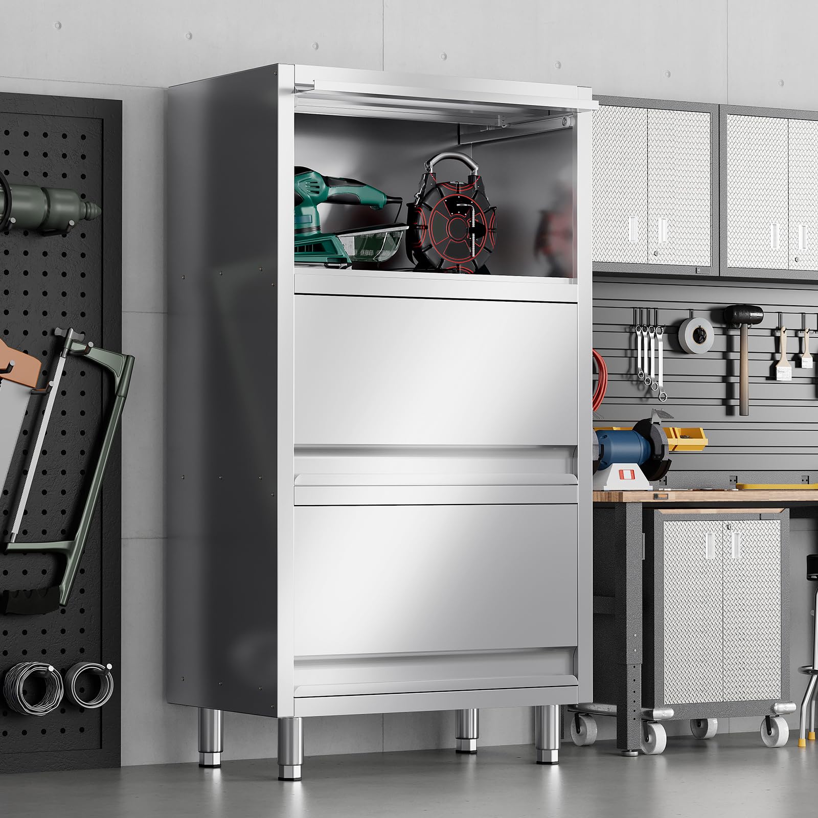 Photo 1 of **SELLING FOR PARTS**EHONXI 3-Tier Stainless Steel Storage Cabinet, Freestanding Commercial Kitchen Cabinet with Flip-up Doors, Heavy Duty Garage Storage Rack for Warehouse Shop, 19.69" D x 31.5" W x 59.06" H