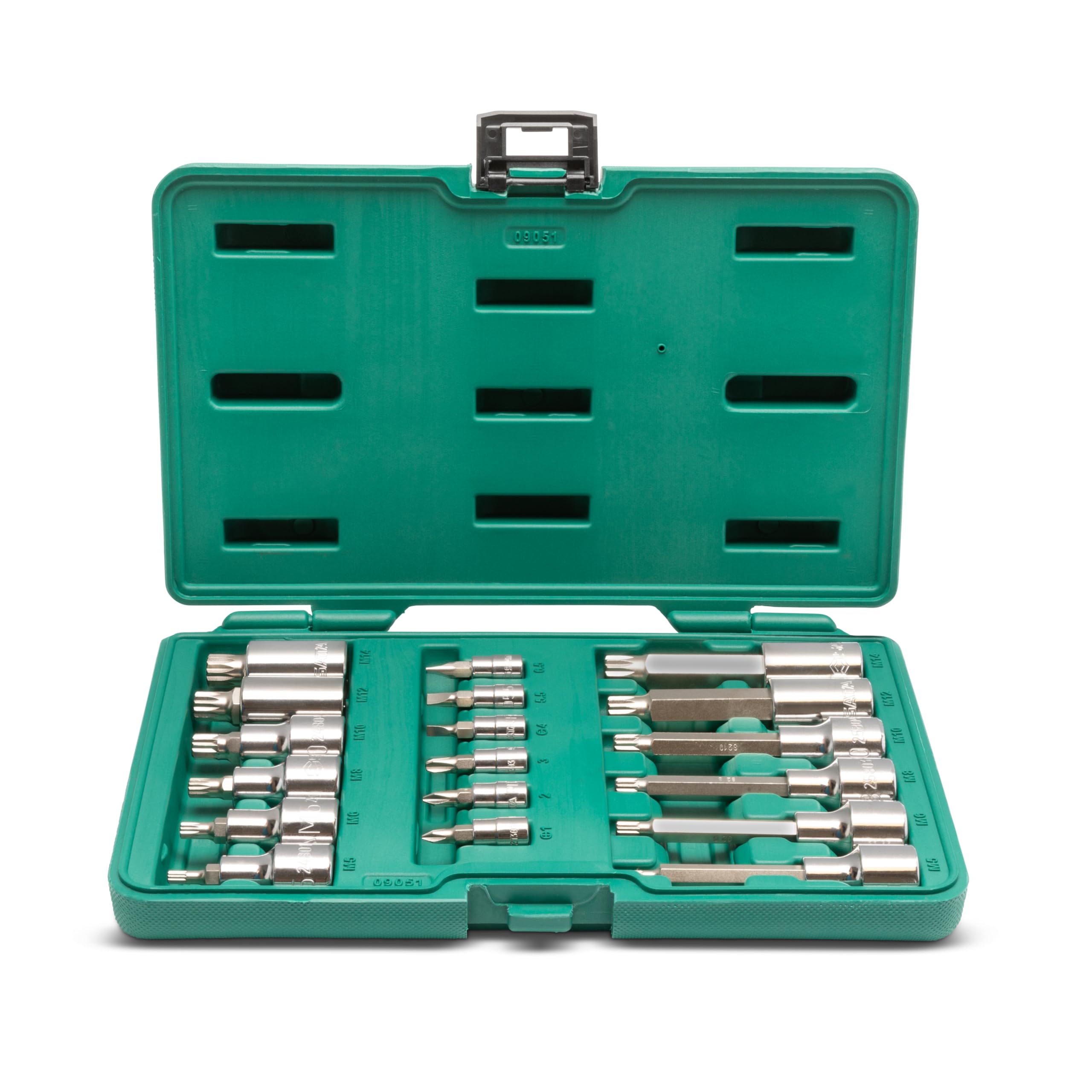 SATA ST09051SJ 18-Piece Bit Socket Set, 1/4” and 1/2” Drive, with Slotted, Phillips and Triple Square Bit Sockets, in Storage Case