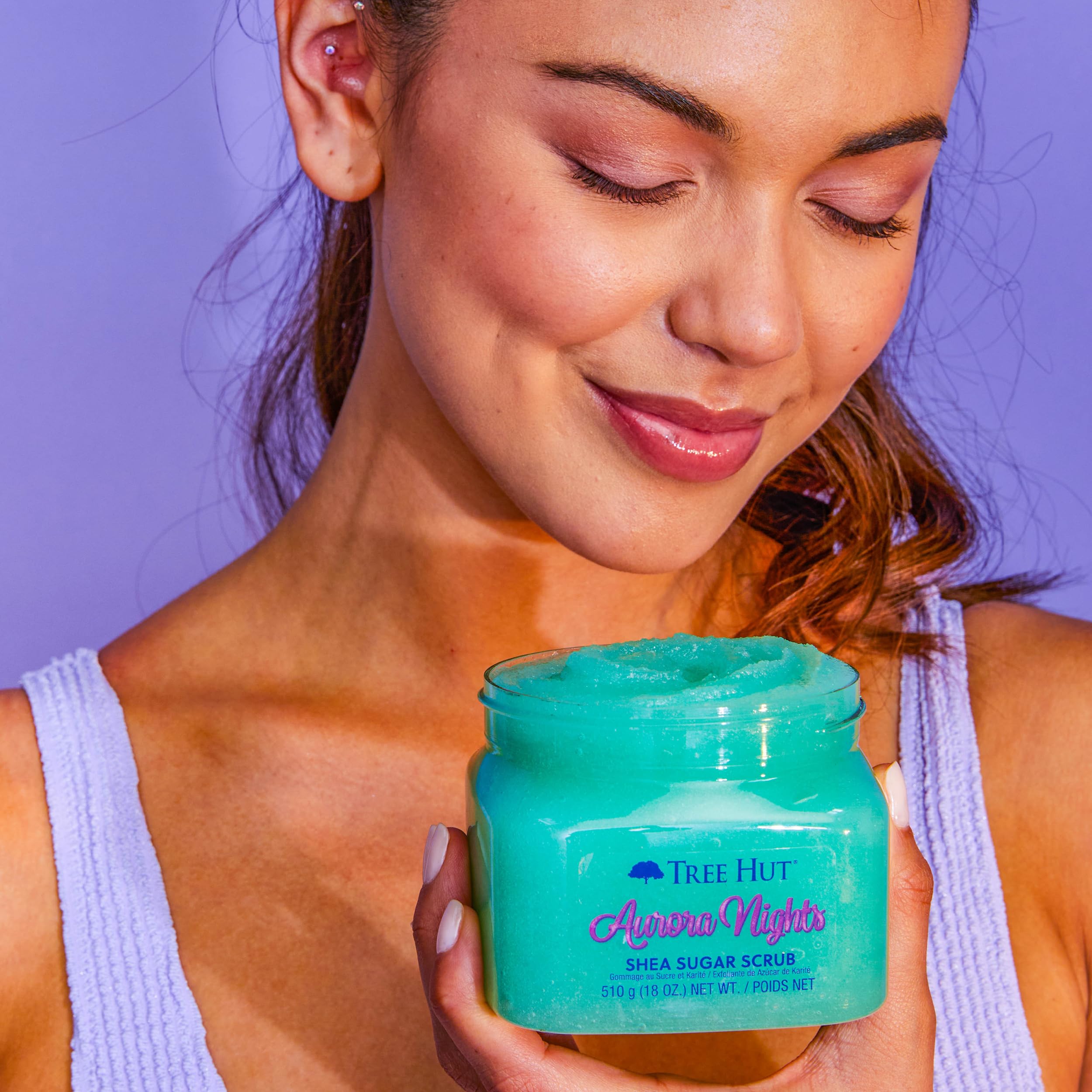 Tree Hut Aurora Nights Shea Sugar Scrub, Exfoliating, Hydrating & Moisturizing Body Scrub with Shea Butter & Nourishing Essential Oils, Smooth & Soften Skin, 18 oz