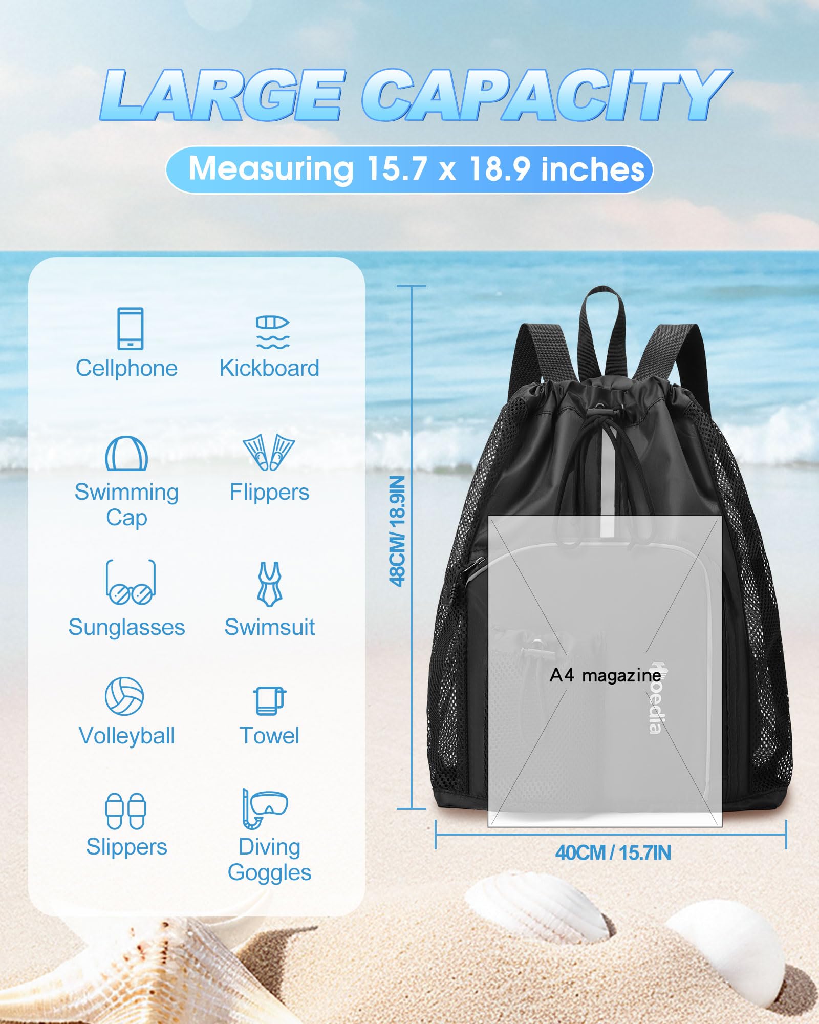 Hoedia Mesh Swim Bag Drawstring Backpack Beach Backpack for Swimming, Pool, Gym, and Workout Gear