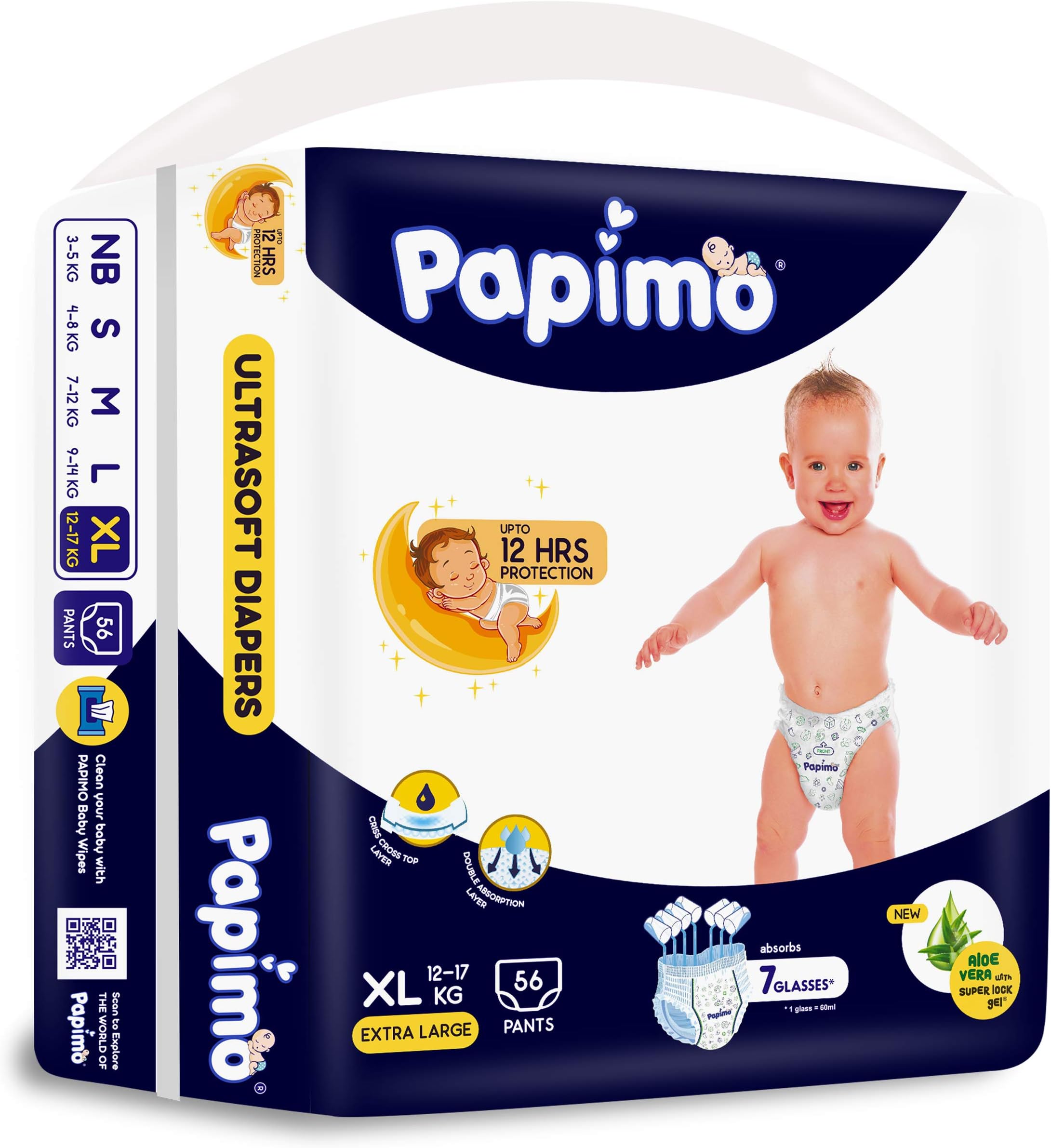 Papimo Baby Xtra Large Size Diaper Pants, 56 Count
