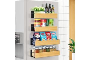 JEJEGO Aesthetic Magnetic Spice Racks Organizer for Refrigerator, 4 Pack Movable Magnetic Fridge Shelf for Laundry and Kitchen Organization, Metal and Natural Bamboo, Black