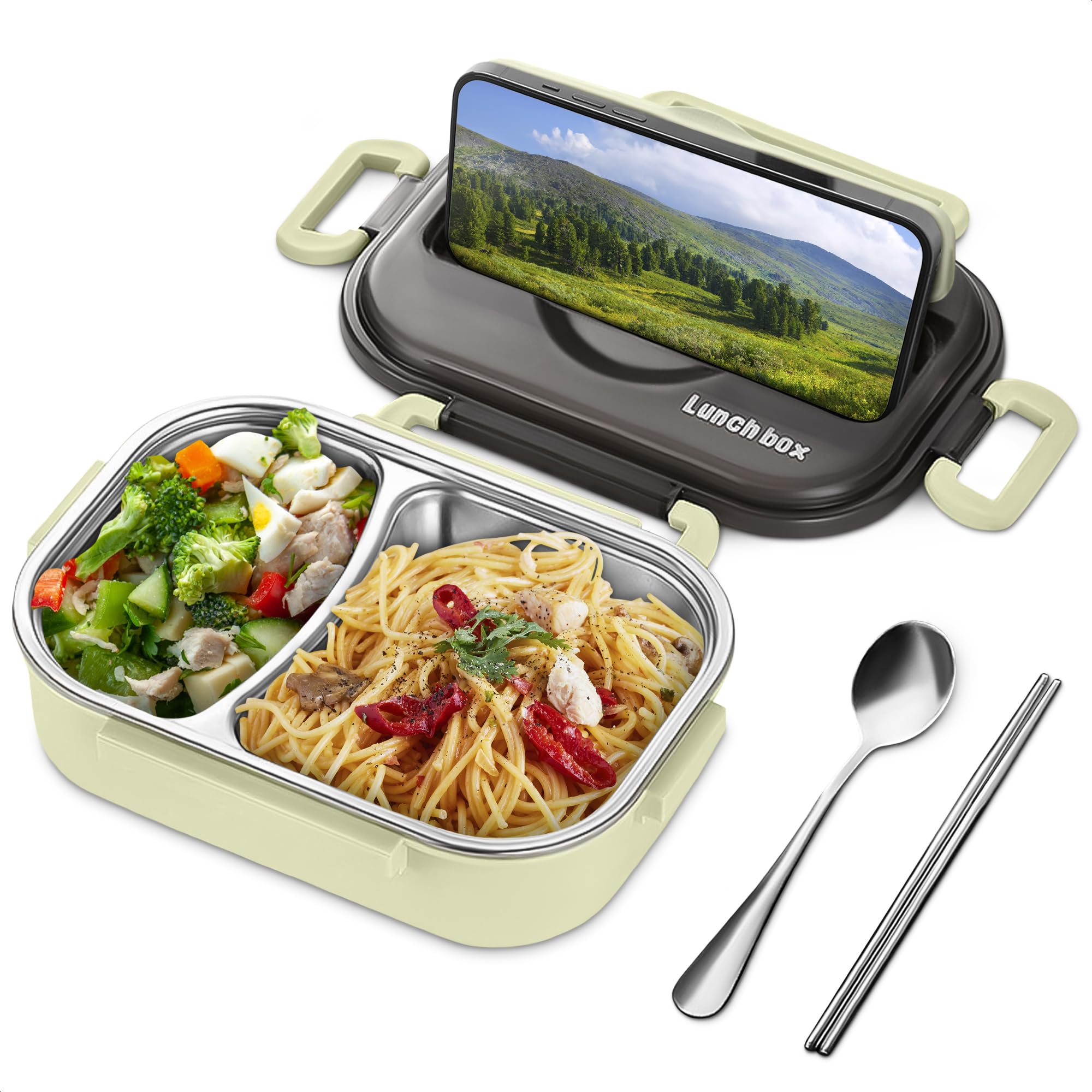 Photo 1 of Tiffin Lunch Box – Insulated Lunch Containers 48.5-Oz Capacity with 2 Compartments, Stainless Steel & Plastic Build – Insulated Bento Box for Daily Meals, Work, Travel, Includes Spoon & Chopsticks