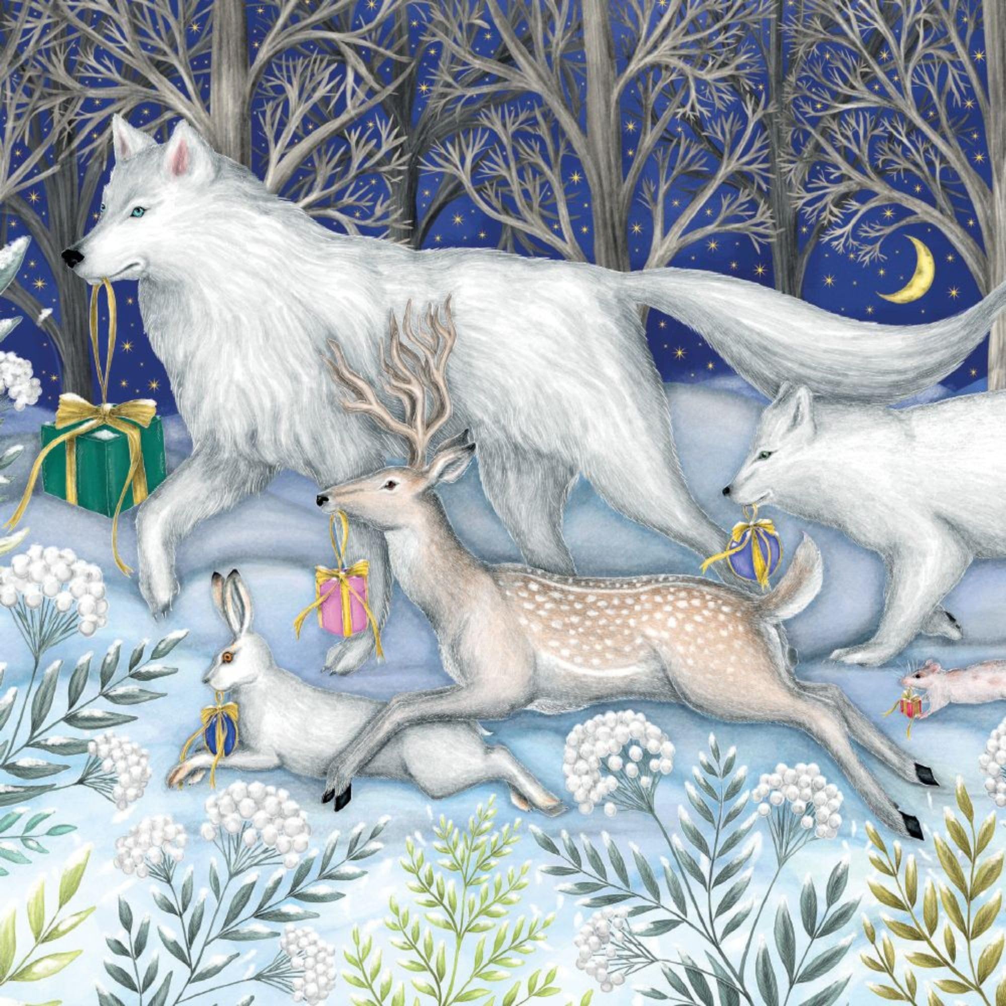 Museums & Galleries Christmas Cards Pack of 5 - Woodland Animals Forest Scene - Catherine Rowe - Festive Christmas Cards Multipack - 'Dashing Through the Snow'