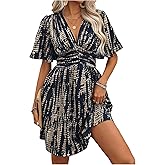 Floerns Women's Snakeskin Print V Neck Short Dress Flutter Sleeve A Line Flowy Dresses