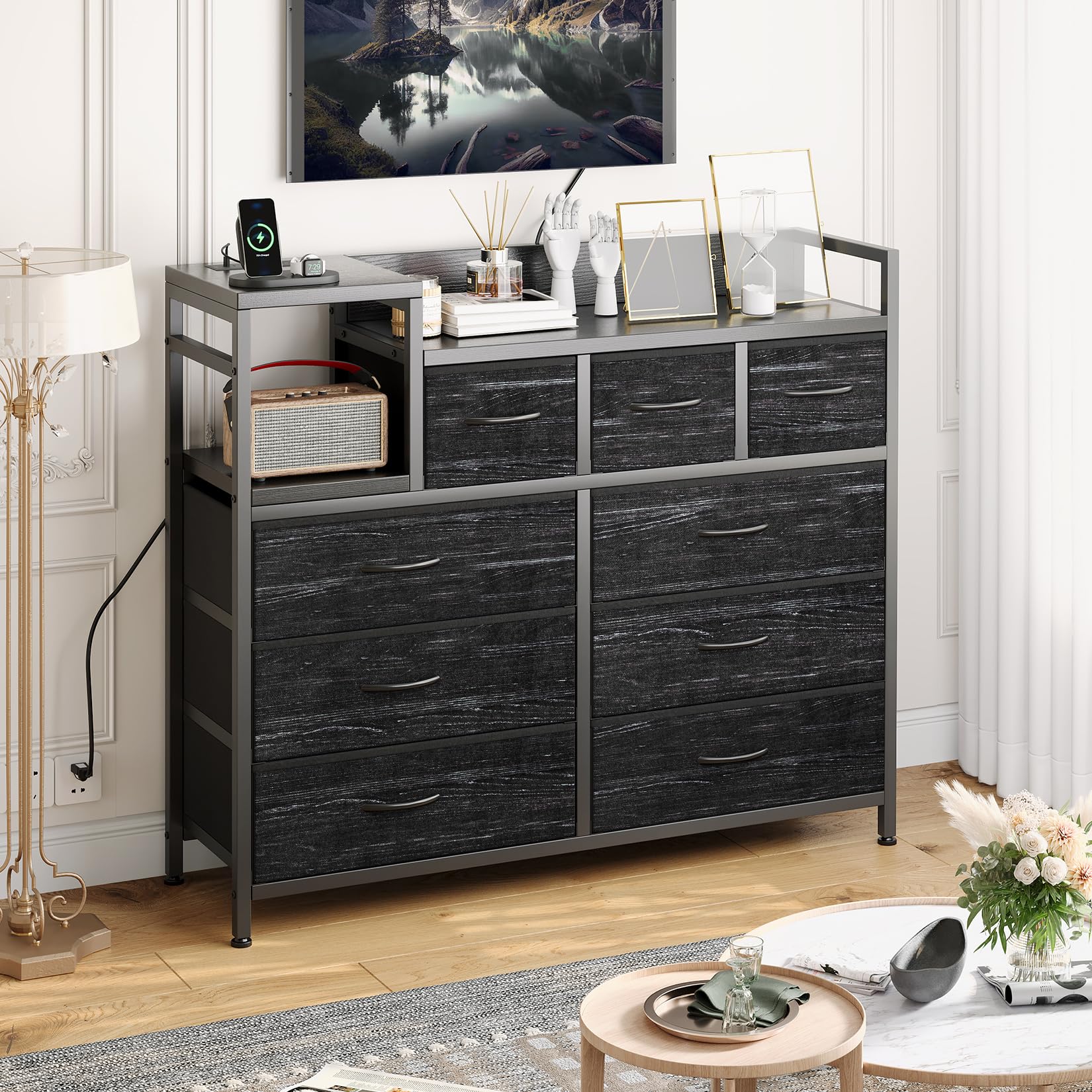 Photo 1 of **ALL BLACK** Jojoka TV Stand with Charging Station, Bedroom Dresser for Living Room TV Stand with 9 Drawers
