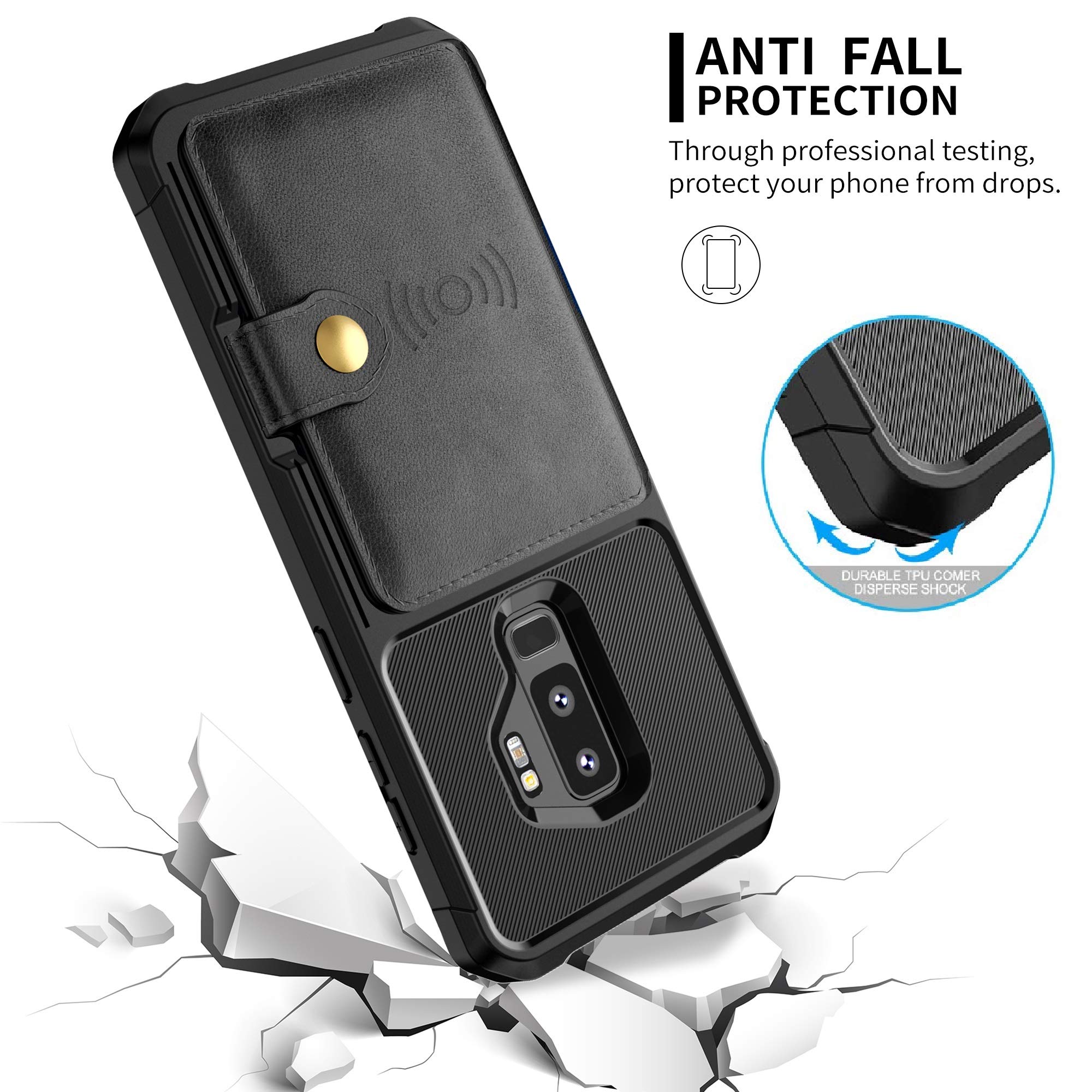 Galaxy S9 Plus Wallet Case, Sumsung S9+ Flip Leather Kickstand Fit Magnetic Wireless Car Charger Mount Slim Durable Shockproof Protective Card Slots Holder Case Cover (Black)