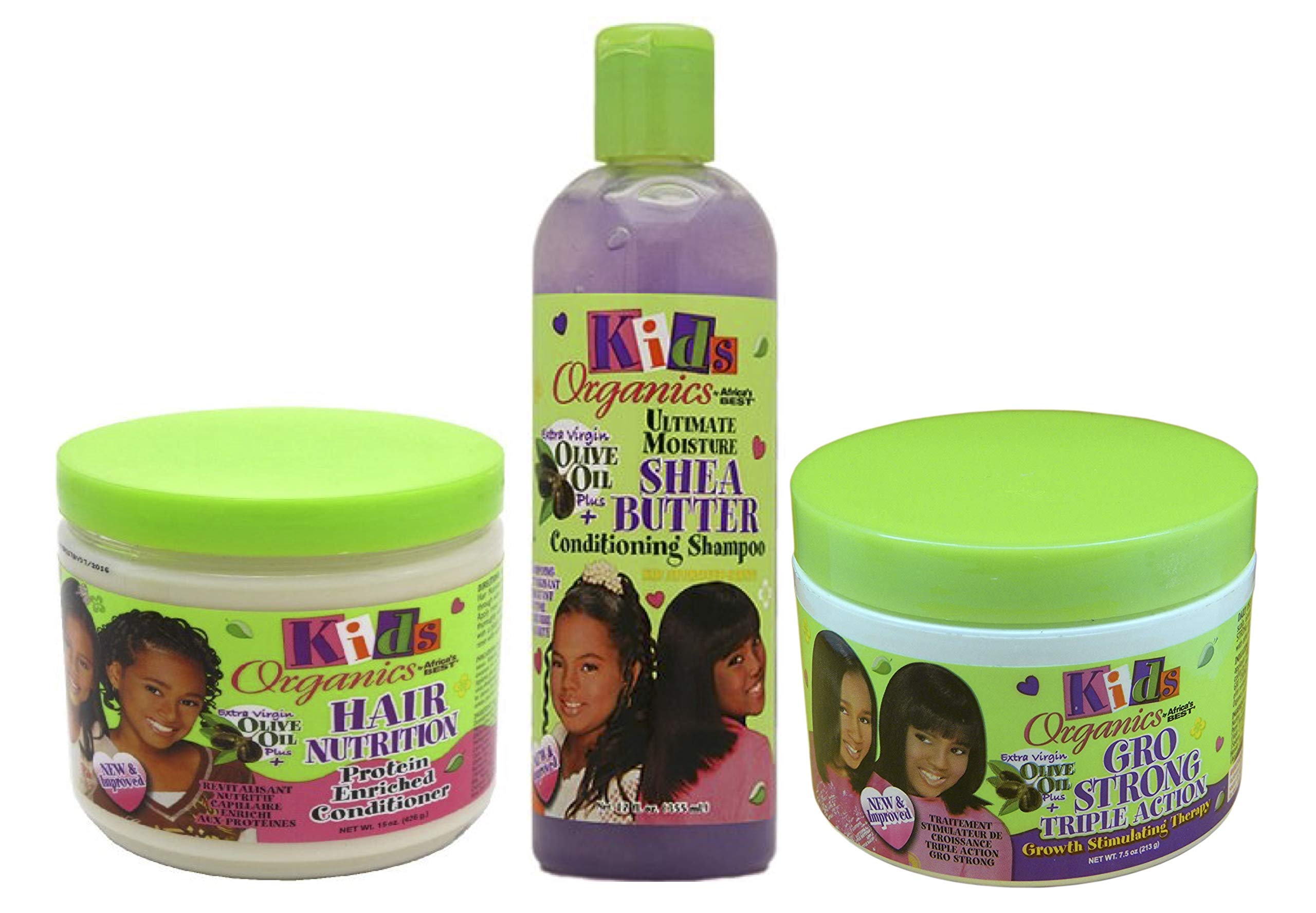 Africa's Best Kids Organic SET OF 3 |Ultimate Moisture Shea Butter Conditioning Shampoo 12oz|Protein Enriched Hair Nutrition Conditioner 15oz|Gro Strong Triple Action Growth Stimulating Therapy 7.5oz
