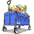 Bossicar Collapsible Folding Wagon, Outdoor Utility Grocery Large Wagon Cart Heavy Duty Foldable with Silent Universal Wheels, Adjustable Handle, Camping, Garden, Shopping (Blue, 80L)