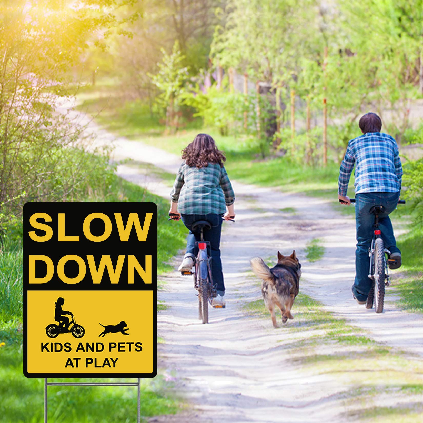 4Pcs Slow Down Kids and Pets at Play Sign, 12x9Inch 2-Sided Print Outdoor Signage Yard Sign, Bright Yellow, Non-Reflective, Weatherproof Corrugated Plastic Metal H Stake for Patio Garden(FA2015-YE04)