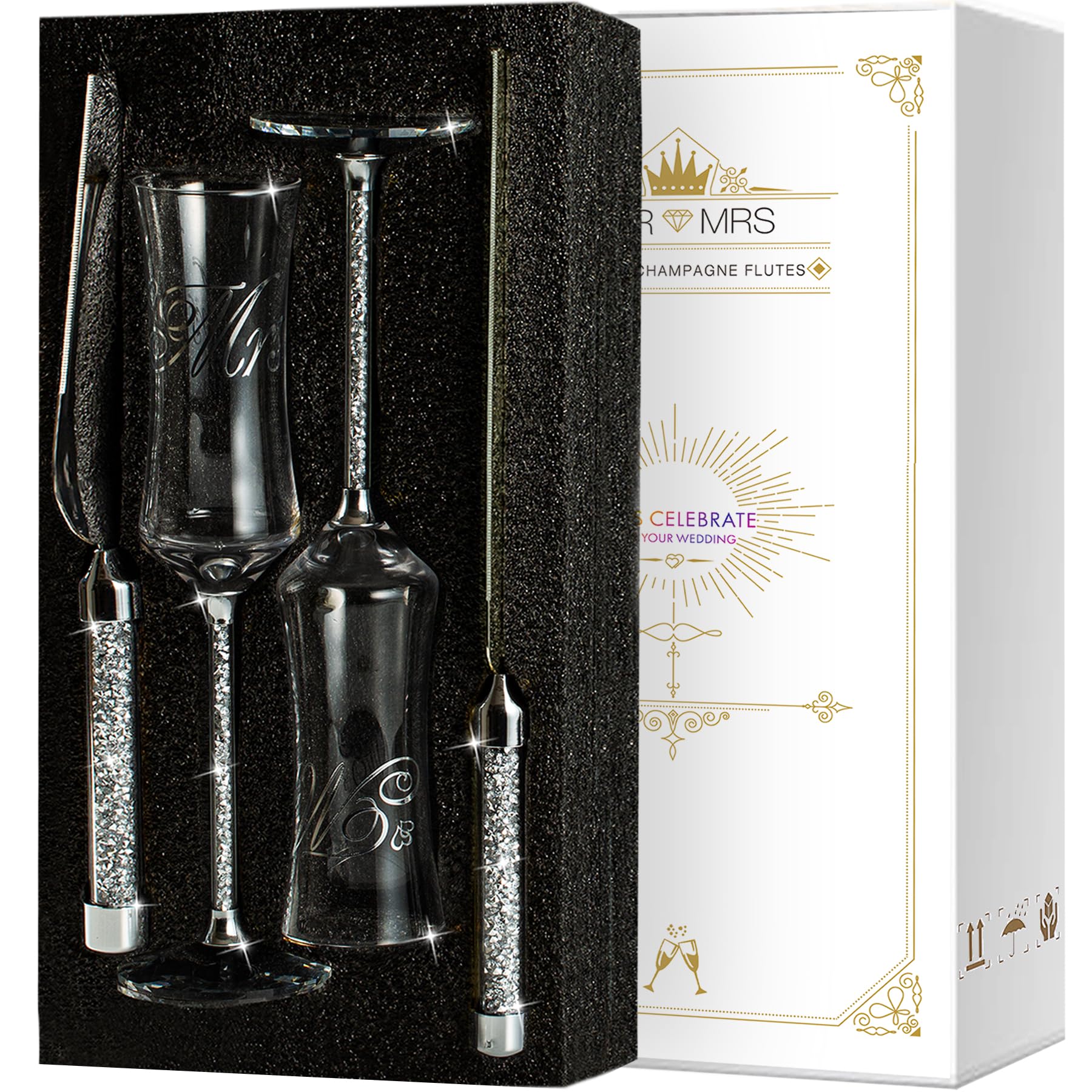 iooiluxry Wedding Champagne Flutes and Cake knife Server Set Mr and