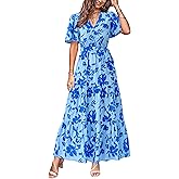 MASCOMODA Womens Summer Swiss Dot Maxi Dressses Wrap V Neck Flutter Short Sleeve Boho Casual Flowy Long Wedding Guest Dress