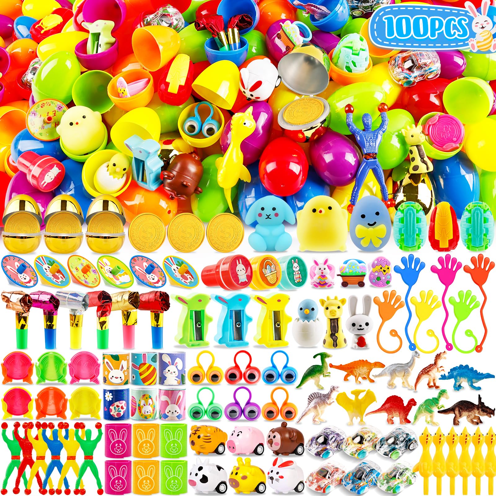 WOWSCAN [6 Golden Eggs] 100PCS Prefilled Easter Egg Fillers with Novelty Toys Inside, Easter Basket Stuffers Classroom Prizes Supplies Egg Hunt Party Favors for Kids Toddlers Boys Girls