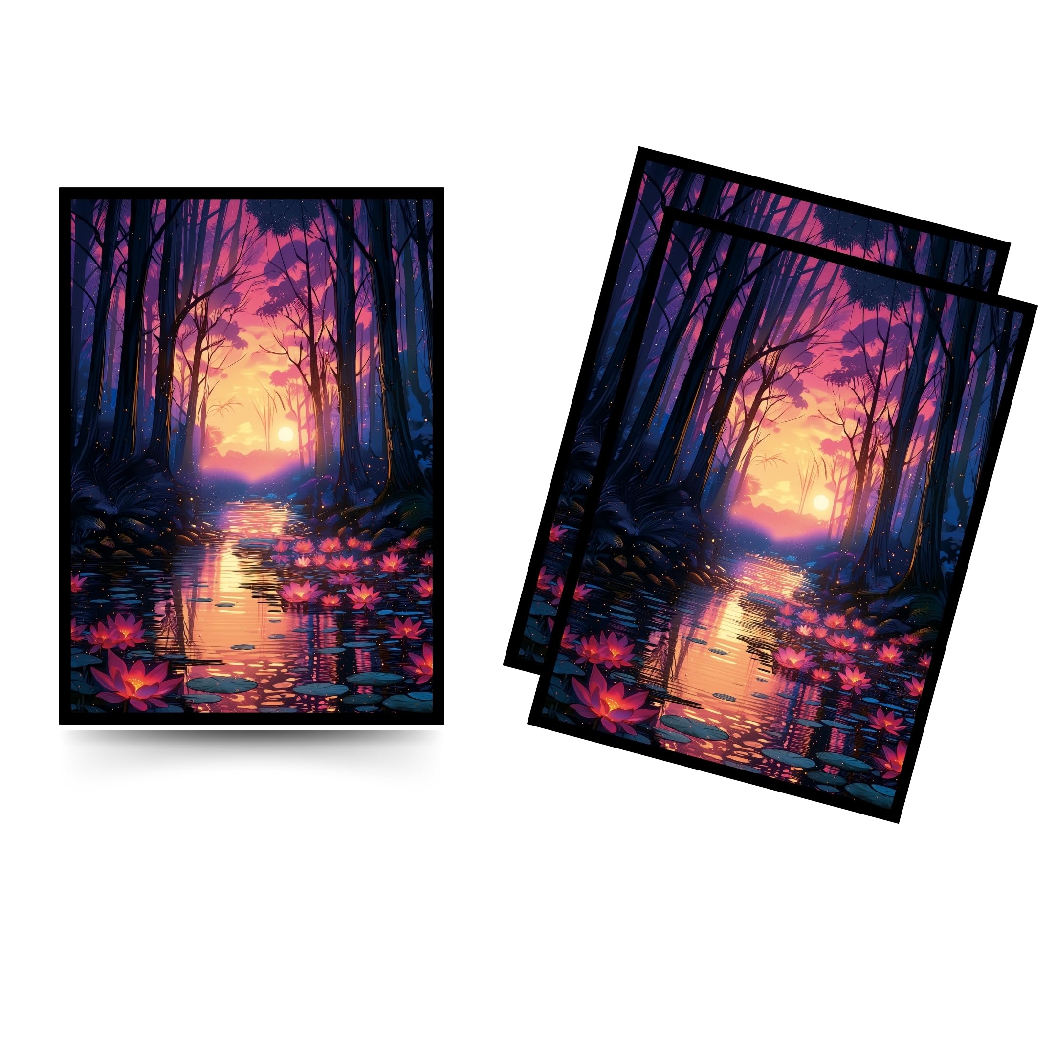 Trading Card Sleeves – 100 Count – Glossy Art Back & Clear Front (66 x 92 mm) – Fits Standard Cards, MTG, Sports & Collector Decks - Twilight Lotus Grove