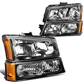 DNA MOTORING HL-OH-CS03-4P-BK-AM Black Amber Headlights Compatible with 2003-2006 Chevy Silverado/Avalanche Fit Models without Factory Cladding