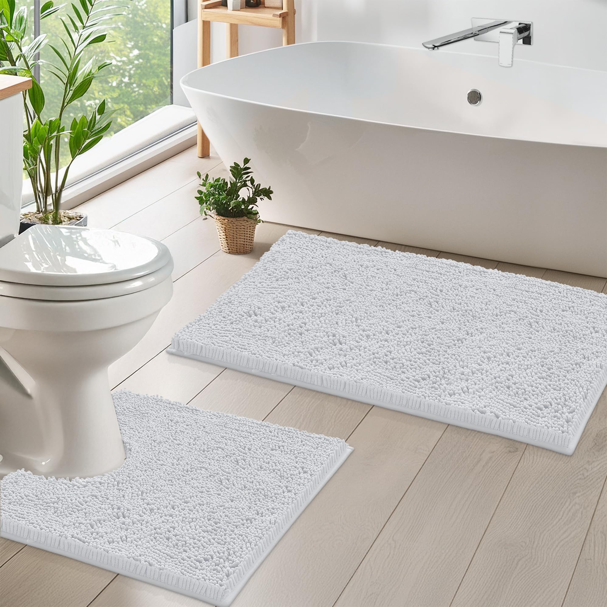 LuxUrux Luxury Chenille (2-Piece) Bath Mat Set, Soft Plush Anti-Slip Rug + Toilet Mat.1'' Microfiber Shaggy Carpet, Super Absorbent (White, 80 x 50 cm + U Shaped 50 x 50 cm)