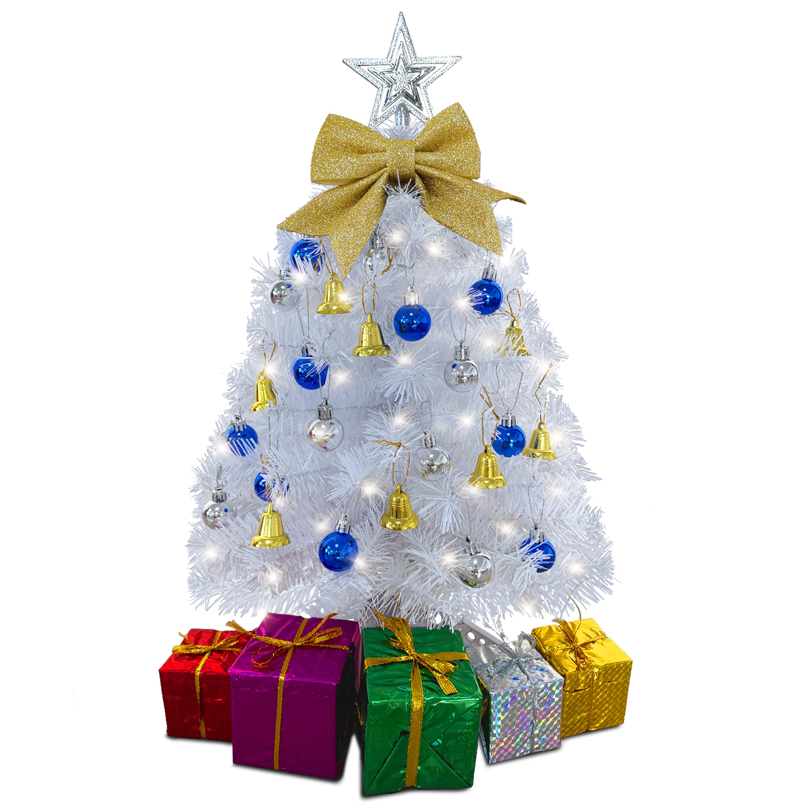 Photo 1 of ****Factory Seal****
Small White Christmas Tree with Lights - 23 Inch Mini Tabletop Christmas Tree with Warm-White LED Lights, Hanging Ornaments, Decorative Bow and Gift Boxes - Table Tree for DIY Christmas Decoration