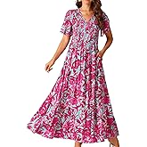 Seta T Women's Summer Dresses Casual Floral Short Sleeve V Neck Smocked Flowy Maxi Dress with Pockets