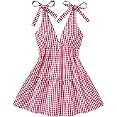 winkbay Women's Plaid Tie Shoulder Mini Dress Ruffle Hem Deep V Neck Sleeveless A Line Y2k Dresses