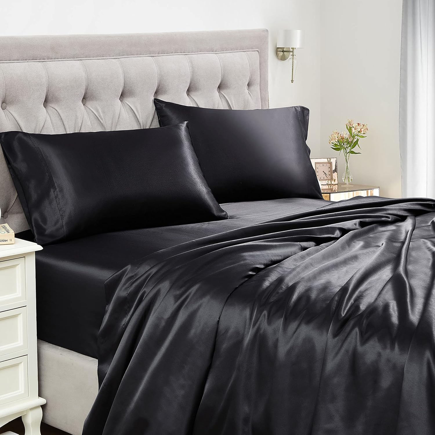 Sweet Home Collection Satin 4-Piece Sheet Set - Silky Soft & Royal Luxury Fashion Sheet Set - Bed Sheets for Delicate Hair and Skin - Queen, Black