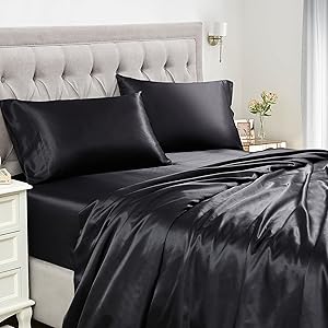 Sweet Home Collection Satin 4-Piece Sheet Set - Silky Soft & Royal Luxury Fashion Sheet Set - Bed Sheets for Delicate Hair and Skin - Queen, Black