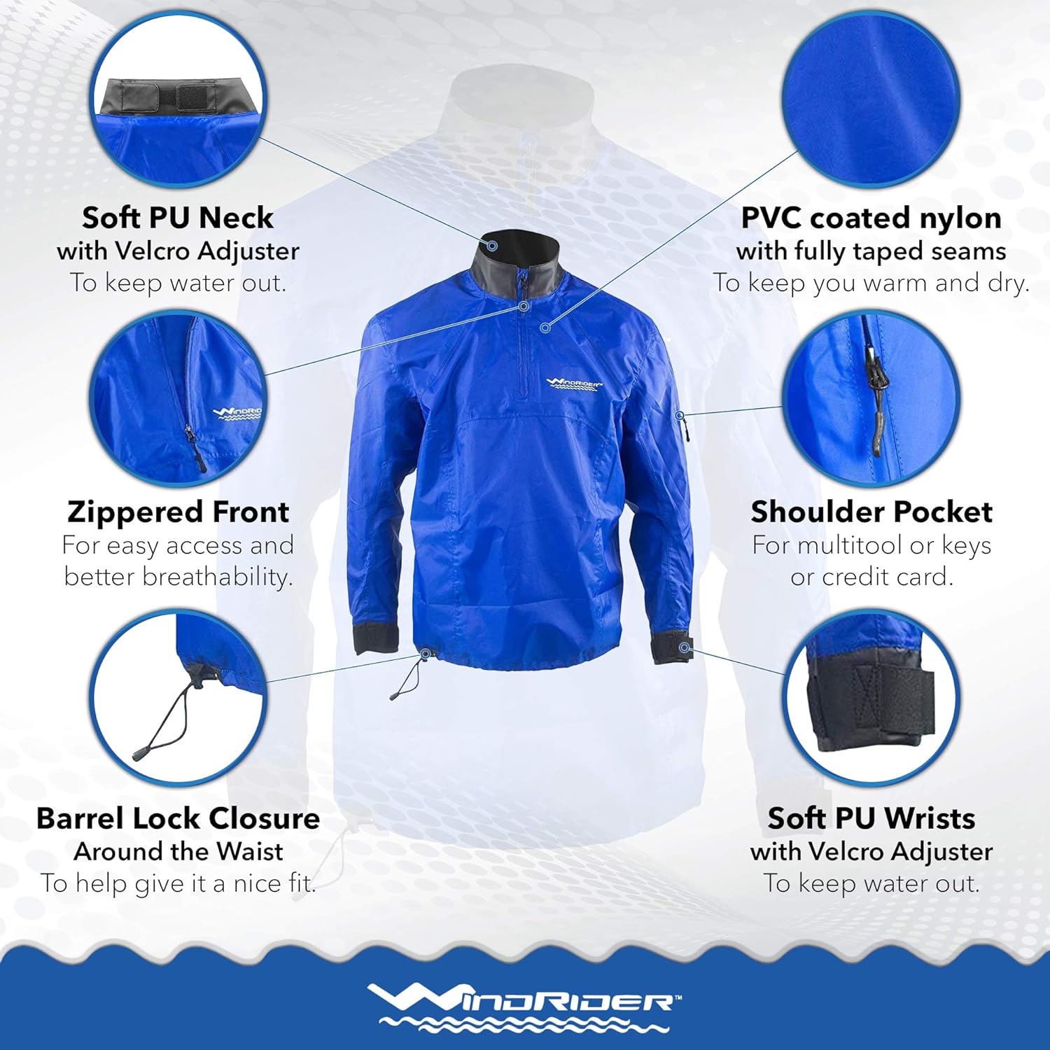 WindRider Waterproof Paddling Sailing Spray Top | Neck and Wrist Seals | Front Zipper | Shoulder Pocket: Clothing