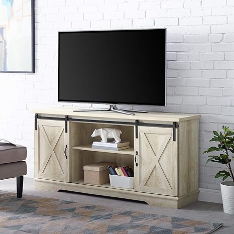 Amazon Com Walker Edison Modern Farmhouse Sliding Barndoor Wood Stand For Tv S Up To 65 Flat Screen Cabinet Door Living Room Storage Entertainment Center 58 Inch White Oak Furniture Decor
