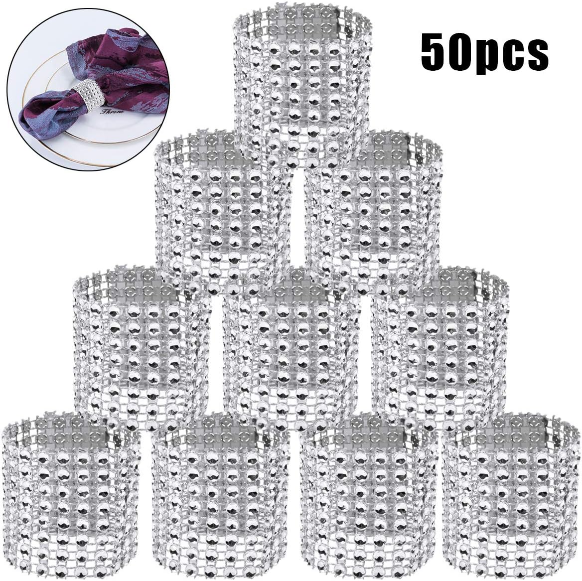 50 Pcs Napkins Ring Set Silver Table Napkin Ring Plastic Round Napkin Ring Holders Shiny Napkin Buckle for Wedding Party Banquet