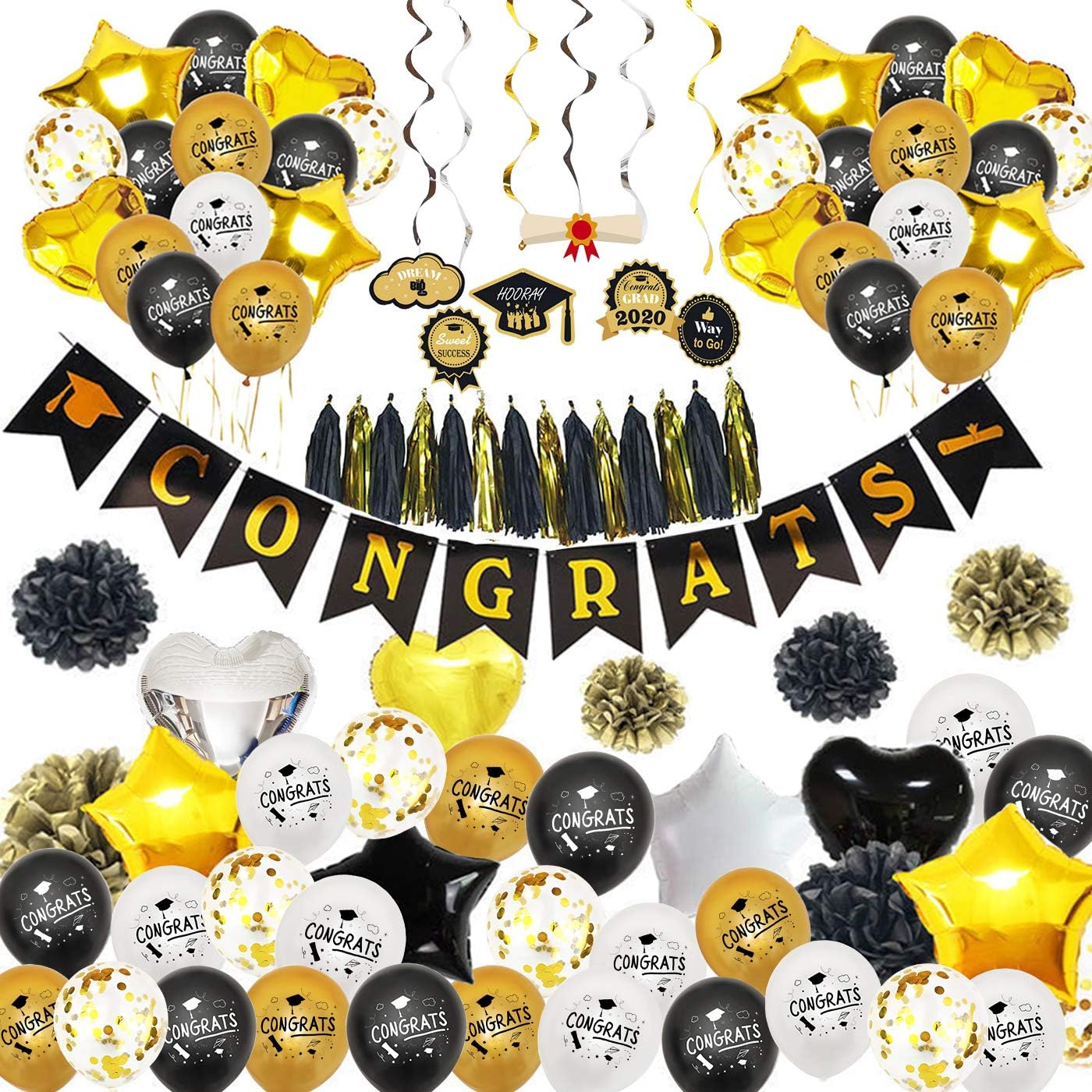 2020 Graduation decorations 53pcs set graduation Baloons-graduation Banner-graduation Hanging Swirls Strings-Black Gold Tissue Paper Pom Poms for Wedding,Graduation Party Supplies 2020: Toys & Games